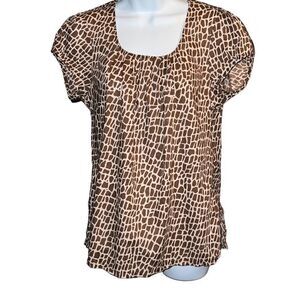 Willi Smith Women Pull Over Shirt Blouse Asymmetrical Cheetah Pattern Brown Medi